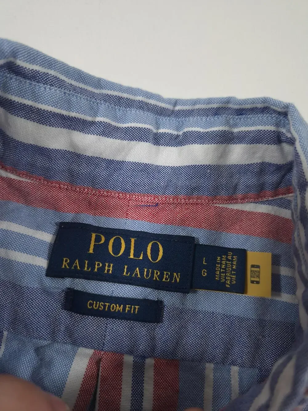 Polo Ralph Lauren Shirt Mens L Blue Stripe Custom Fit S/S Button Down Flesh Pony